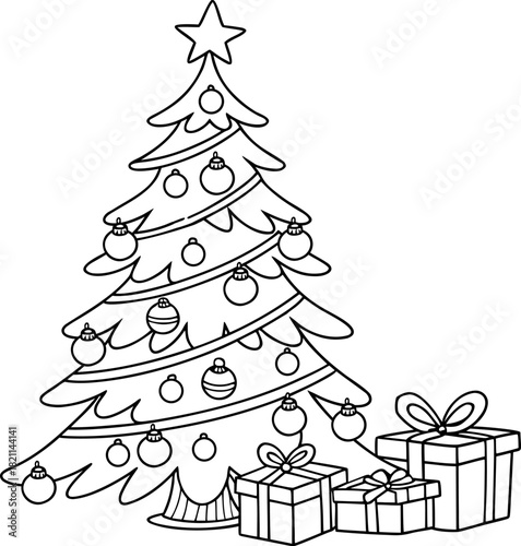 Christmas tree illustration, Simple line drawing of a decorated Christmas tree with ornaments garlands and gifts in clean vector style for coloring book pages