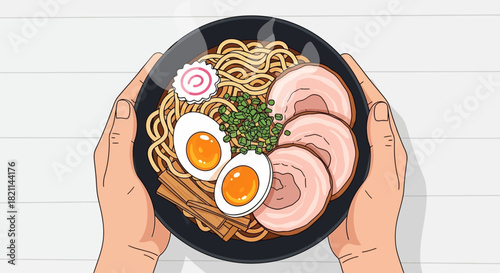 Top-down view of hands holding a bowl of ramen with pork, egg, and scallions