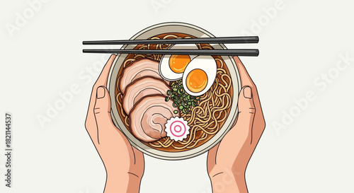 Top-down view of hands holding a bowl of ramen with pork, egg, and scallions