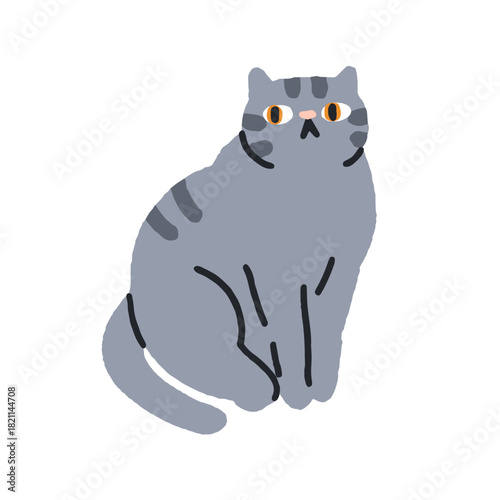 Funny cat. Cute feline animal sitting and looking aside, staring watching with shocked expression, comic curious emotion. Adorable kitty. Flat vector illustration isolated on white background