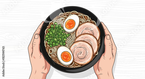Top-down view of hands holding a bowl of ramen with pork, egg, and scallions