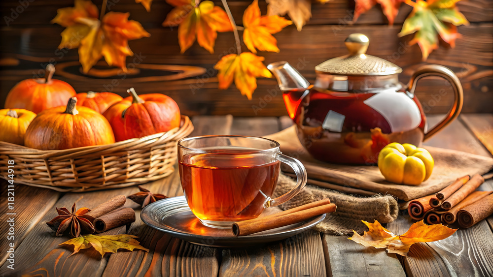 Fototapeta premium Enjoy a warm cup of tea this autumn season, perfect for lifestyle blogs, seasonal promotions, and Thanksgiving ads showcasing cozy fall vibes