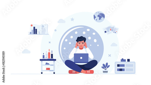 Focused individual in a deep work state surrounded by abstract elements and vibrant colors representing concentration productivity and creative flow for professional or business contexts