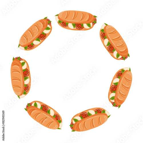 Wreath with baguette sandwich with fresh tomatoes, mozzarella cheese and basil leaves in flat style. Design for breakfast menu card, grocery isolated on a white background.