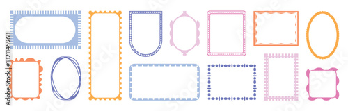Playful pastel decorative frame collection isolated on white background, retro vintage colorful borders in rectangle oval square arch shapes scrapbook invitation card poster template design elements