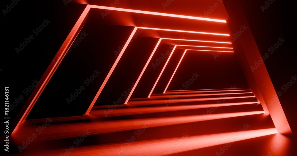 Fototapeta premium Futuristic interior background red lights glowing in black tunnel 3d render