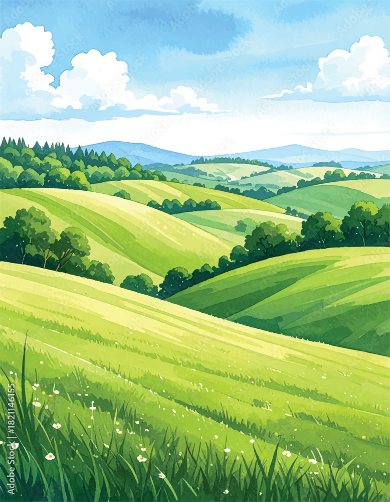 Fototapeta premium vector watercolor background with blue sky, white clouds and green field