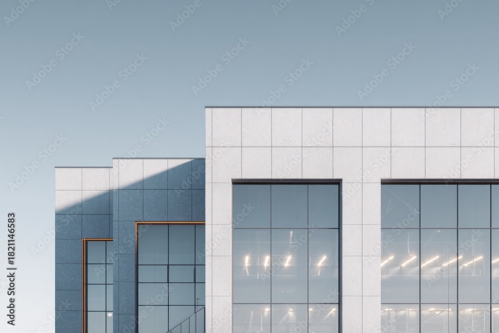 Obraz premium Modern commercial structures display clean lines against a pale blue sky
