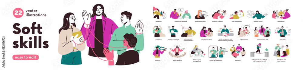 Naklejka premium Soft skills set. Personality abilities for business, work, career. Communication, time-management, teamwork, leadership, problem solving, empathy. Flat vector illustration isolated on white background