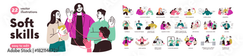 Soft skills set. Personality abilities for business, work, career. Communication, time-management, teamwork, leadership, problem solving, empathy. Flat vector illustration isolated on white background