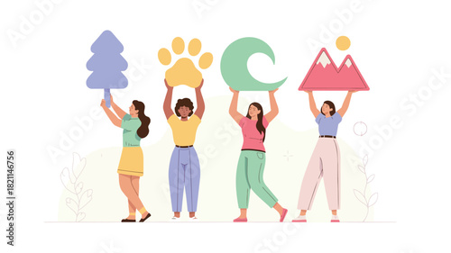 A vibrant vector illustration of a diverse group of four people with one individual prominently holding a bright blue object set against a clean background