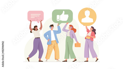 A vibrant vector illustration featuring a diverse group of four stylized figures engaged in an activity with one figure prominently holding a bright pink object suitable for creative projects