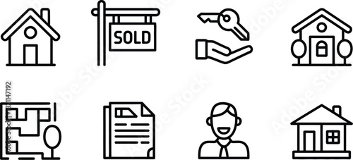Real estate icons depict buying and selling homes with sold signs and keys.