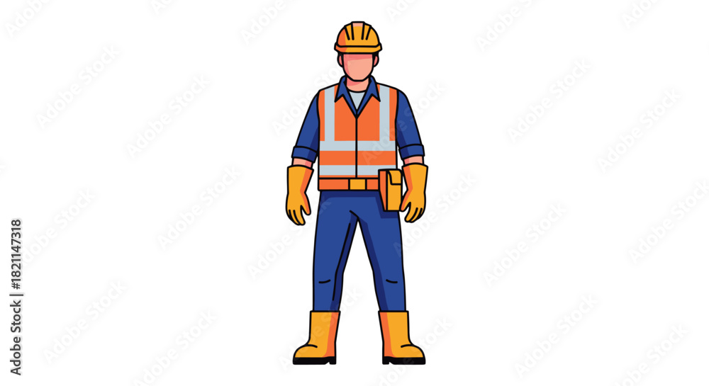 Fototapeta premium A confident male construction worker stands ready, wearing a hard hat and high-visibility vest, depicted in a clean, modern flat vector illustration.