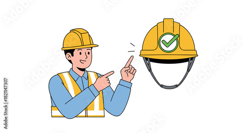 A friendly construction worker in a safety vest points to a hard hat with a checkmark, emphasizing workplace protection and compliance.