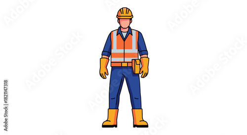 A confident male construction worker stands ready, wearing a hard hat and high-visibility vest, depicted in a clean, modern flat vector illustration.