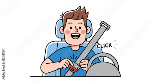 A cheerful driver securely fastens his seatbelt inside a modern vehicle, emphasizing road safety and responsible travel practices.