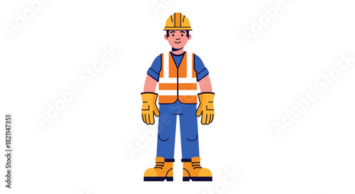 This modern vector illustration depicts a diligent male construction worker wearing a hard hat and safety vest, symbolizing industry and labor.