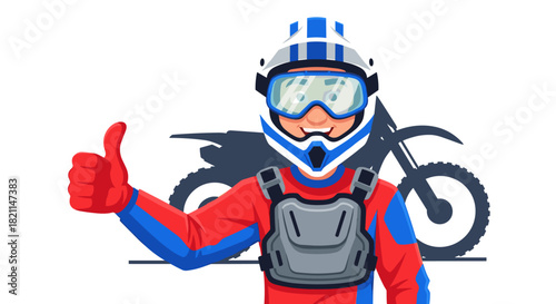 An enthusiastic off-road motorcyclist, clad in modern racing attire, confidently displays a thumbs-up, representing victory and thrill.