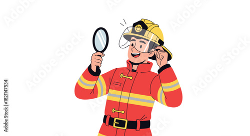 A young person happily tries on a firefighter's helmet and uniform, admiring their reflection in a small mirror, symbolizing aspirations and career dreams.