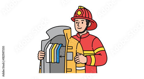 A friendly firefighter proudly displays the protective, multi-layered design of his essential uniform jacket, emphasizing safety and readiness for emergency services.