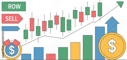 Stock market charts show upward trends with buy and sell indicators.