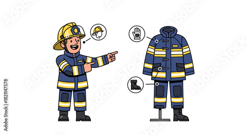 A friendly cartoon firefighter character proudly presents a detailed illustration of essential protective uniform and safety equipment, including helmet, gloves, and boots.