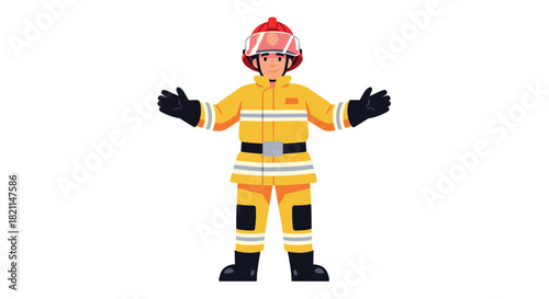 A brave male firefighter in protective gear stands with arms open, ready to assist and protect, embodying safety and service.