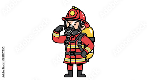 A brave cartoon firefighter wearing a red uniform and gas mask stands ready for emergency rescue operations, symbolizing safety and protection.