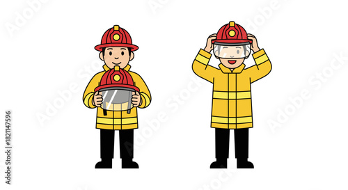 A friendly cartoon firefighter demonstrates the importance of safety equipment by holding and wearing his protective helmet.