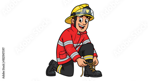 A cheerful cartoon firefighter in full uniform kneels down to meticulously tie the laces of his sturdy black boot, preparing for emergency duty.