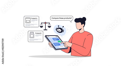 A user engages with a tablet to compare two products assisted by artificial intelligence, showcasing modern e-commerce and informed decision-making.