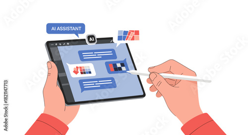 Human hands engage with an artificial intelligence chatbot on a flexible screen device, illustrating future technology and smart interaction.