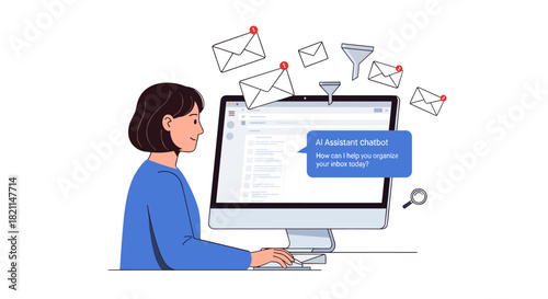 A woman efficiently manages her digital inbox with the assistance of a smart artificial intelligence chatbot, streamlining communication and enhancing overall productivity.
