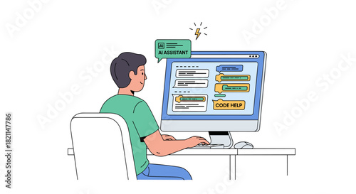 A focused individual codes on a desktop computer, utilizing online resources to find solutions and develop software, depicted in a modern vector illustration.