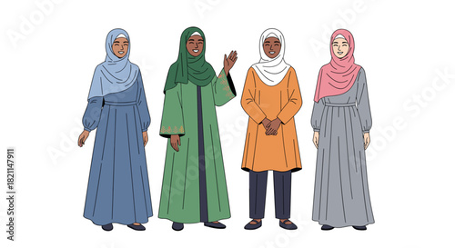 A diverse group of Muslim women from various ethnic backgrounds is depicted standing together, showcasing unity and modern modest fashion in a clean vector illustration.