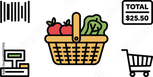 A colorful illustration of a grocery shopping experience with a basket of produce.