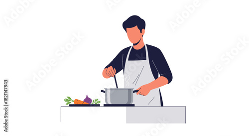 A man wearing an apron is diligently preparing a healthy meal, stirring a pot on the stove in a clean, modern kitchen setting.