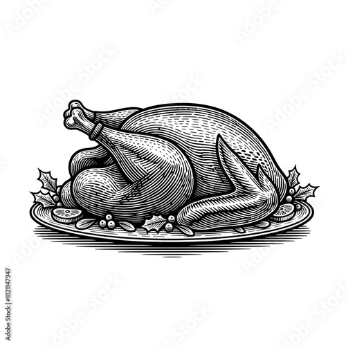 Detailed black and white illustration of a roasted turkey on a serving platter
