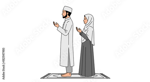 A devout Muslim couple stands together on a prayer rug, respectfully performing their daily prayer ritual in a moment of spiritual devotion.
