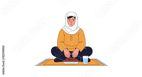 A Muslim woman in a hijab sits on a prayer mat, breaking her fast with dates and water during the holy month of Ramadan.