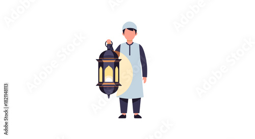 A Muslim man in traditional attire holds a beautiful glowing lantern, symbolizing spiritual devotion and festive celebration during the holy month of Ramadan.