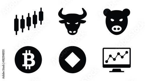 A collection of financial market icons including a stock chart, bull, bear, Bitcoin, and a computer monitor.