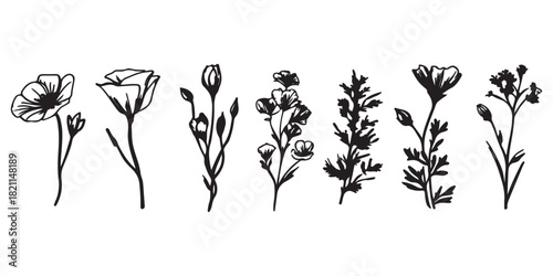 Simple wildflower clip art in a vintage style, featuring simple shapes and minimalist designs on a white background. Presented in a monochrome color scheme, this clip art set is suitable for use as ve
