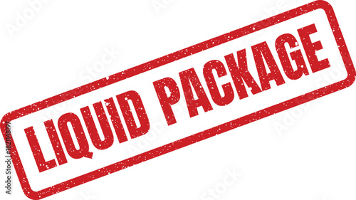 Distressed rectangular rubber stamp presenting Liquid Package, indicating flexible product bundles, financial investment plans, or adaptable logistics solutions