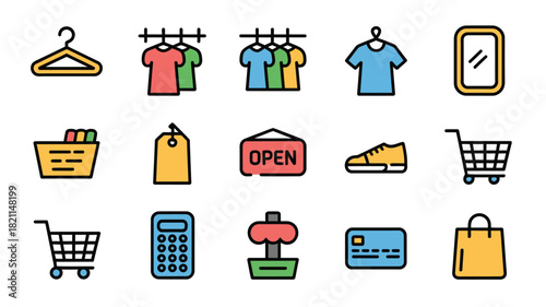 A collection of colorful retail and shopping icons represents various aspects of commerce.