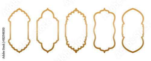 Gold Islamic window shape. Eid Mubarak oriental mirror set. Arabian architecture elements of door gate Arabic golden arch, Ramadan Kareem frames. Muslim mosque silhouette of Moroccan border, portal
