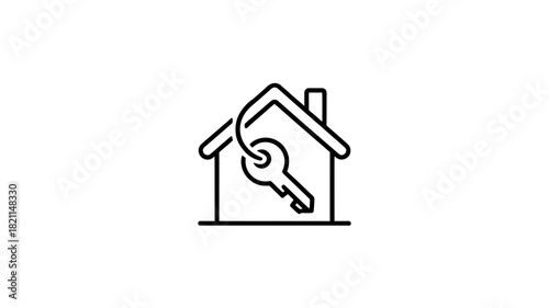 A simple line icon of a house with a key hanging from its roof.