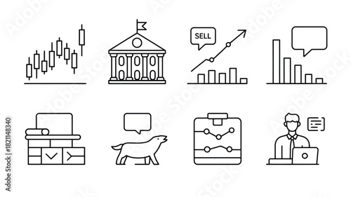 Financial market icons depict trading, banking, and analysis.
