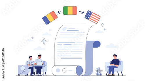 Dynamic real time document translation interface with multilingual text elements and communication icons showcasing global connectivity and information exchange